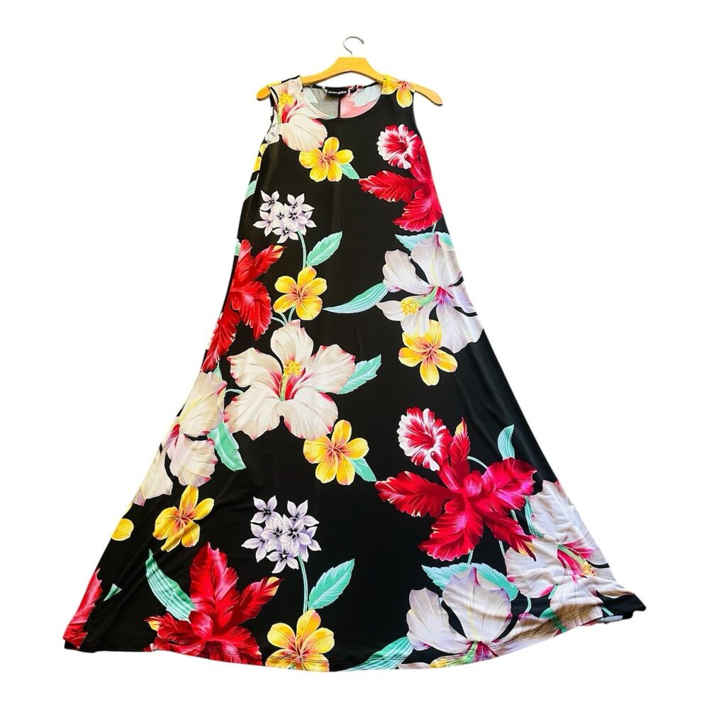 Attitudes Renee Dress SZ M Hibiscus Floral Red Tropical Floral Sleeveless Maxi